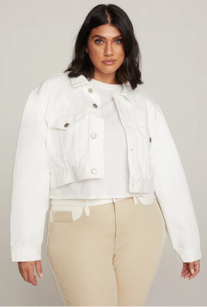 Good American's white cropped denim jacket. 