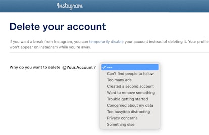 Screenshot of Instagram's delete your account webpage.
