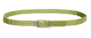 Bottega Veneta's wooden bead belt in green and gold. 