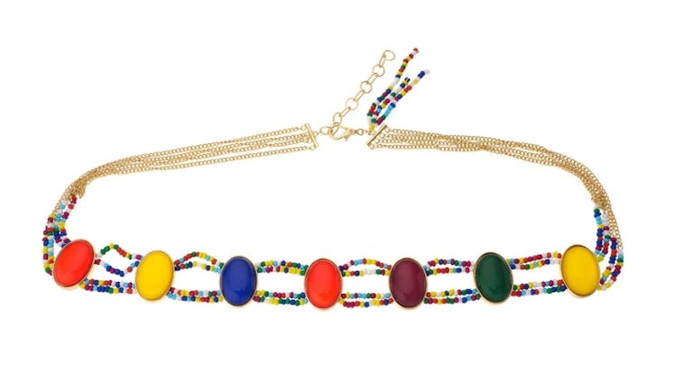 Ettika's mixed rainbow bead belt in gold. 