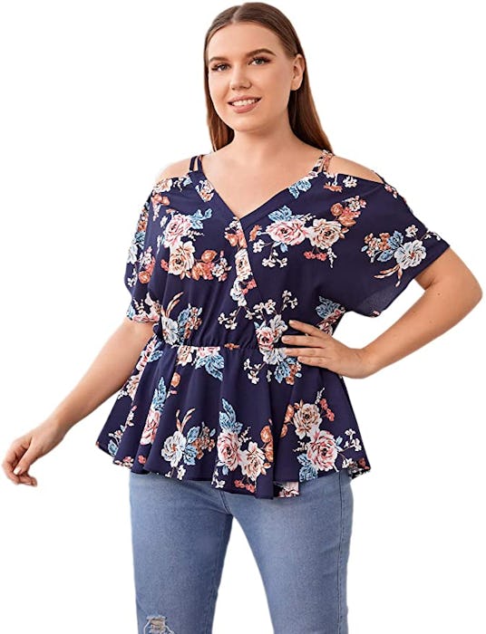 SheIn Plus Size Short Sleeve Cold Shoulder Floral Peplum Top