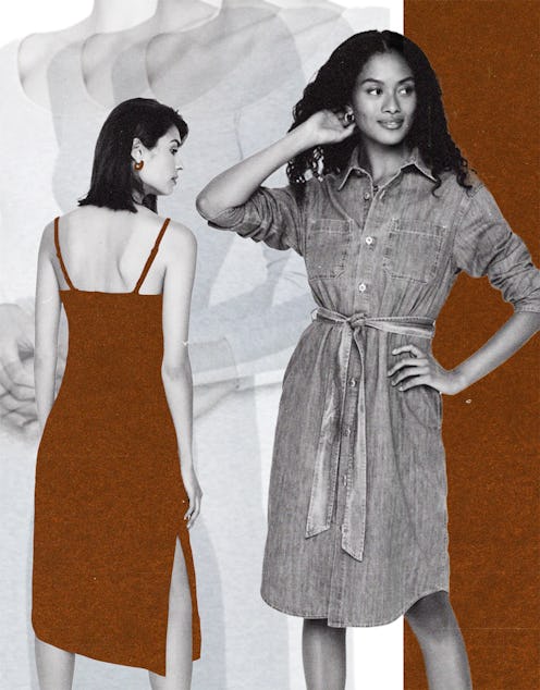 The model wears a button-down belted fall shirtdress next to a model wearing a red spaghetti strap d...