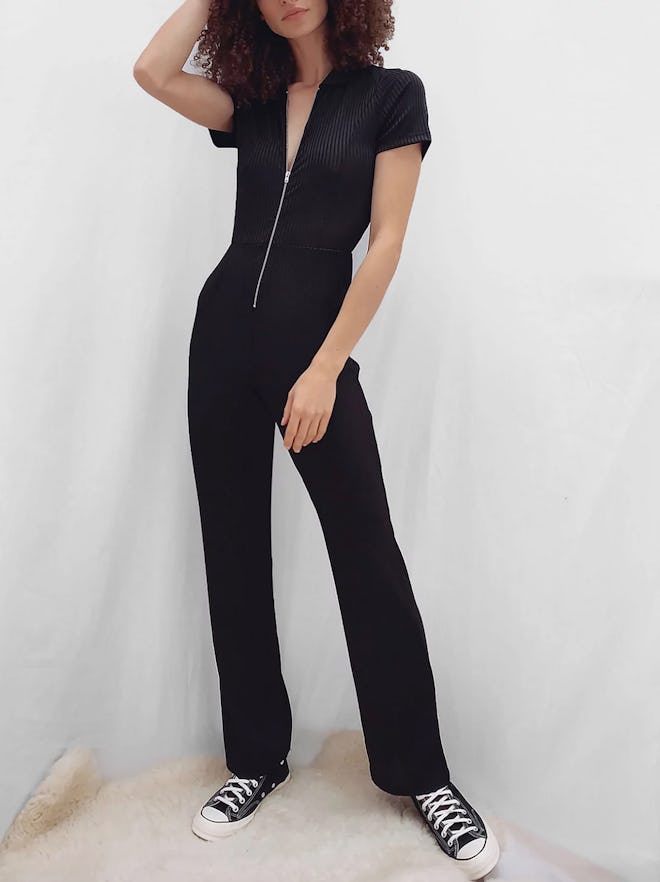 French Connection Skarlett Ribbed Jersey Jumpsuit, Black