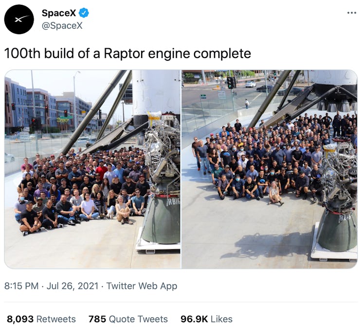SpaceX's 100th Raptor engine completed.