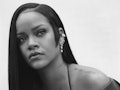 A promotional, black-and-white portrait of Rihanna with an asymmetrical side burn haircut for Fenty ...