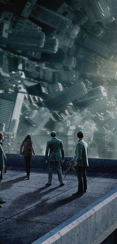 Promo image of twisted city streets from Inception