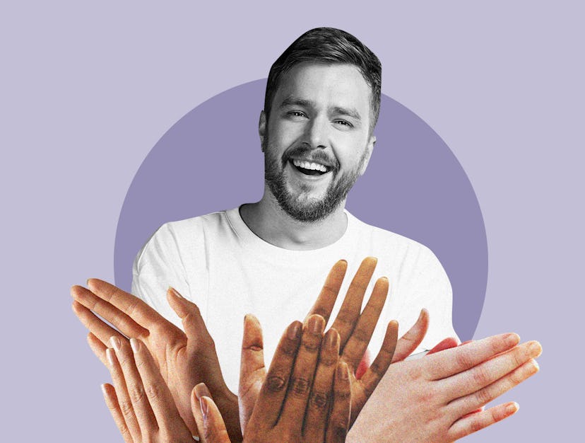 Iain Stirling in black and white with womans hands in front of him clapping