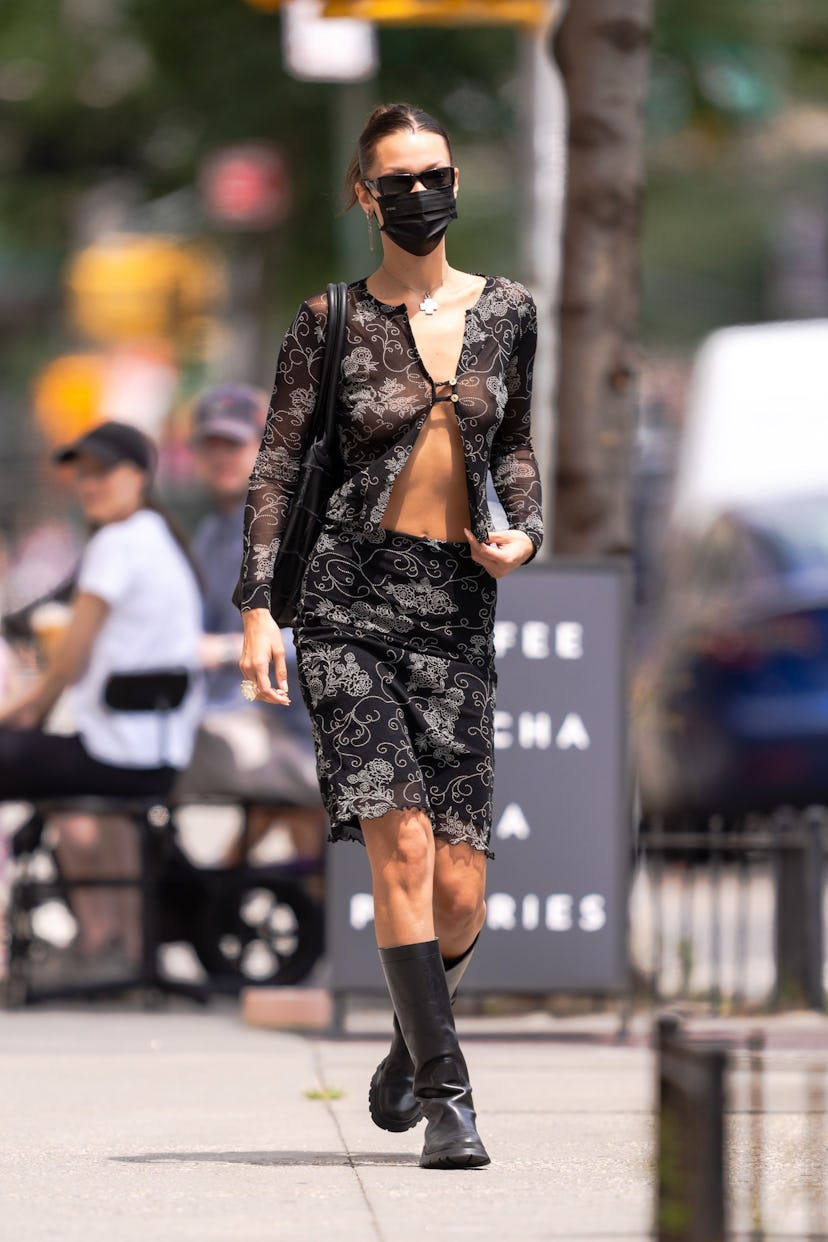 Bella Hadid in sheer top.