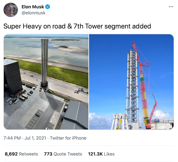 Musk's photos of the booster and launch tower.