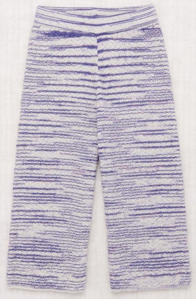 Image of little kid dress pants with white and purple horizontal print.