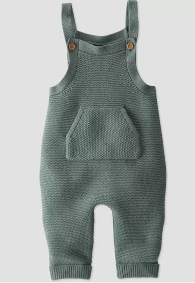 Image of sage-green baby knit overalls. 