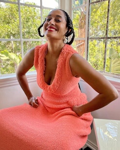Traee Ellis Ross wears coral 'towel' dress from Bottega Veneta on Instagram, May 26, 2021.
