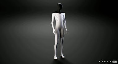 Tesla humanoid robot on a black background.