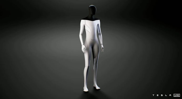 Tesla humanoid robot on a black background.