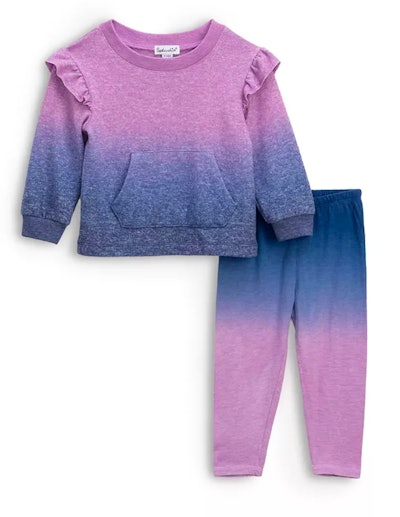 Image of toddler size sweatsuit in purple ombre print.