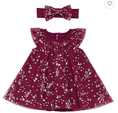 Image of short-sleeve burgundy baby dress with beige floral print, and matching headband.