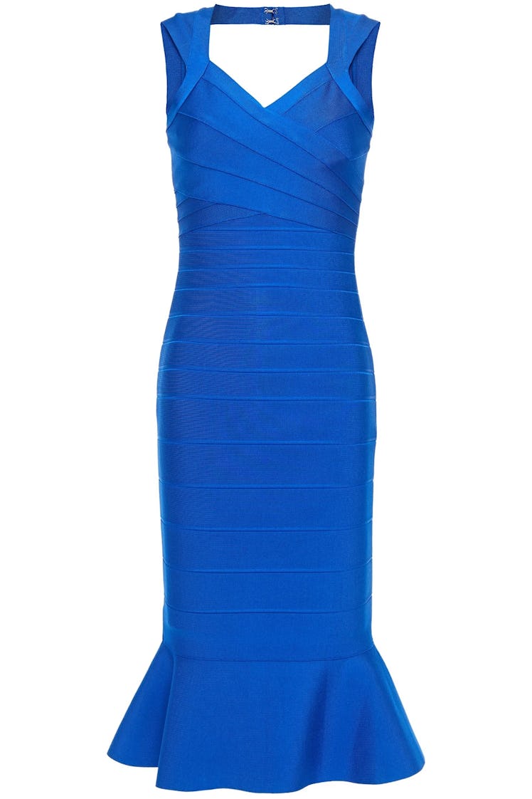 Blue fluted cutout bandage dress from Hervé Léger, available to shop on The Outnet.