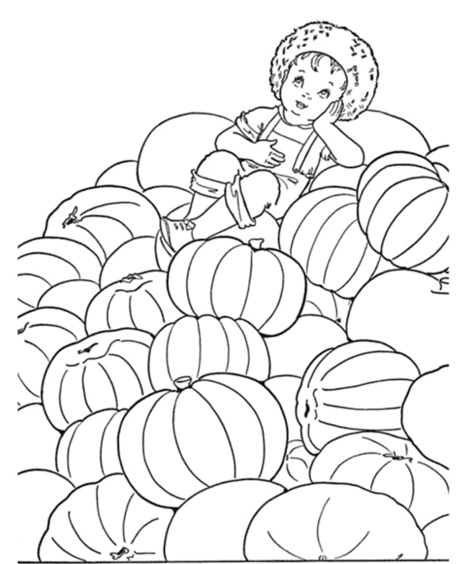 Child Sitting On A Pumpkin Patch Coloring Page