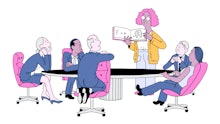 An illustration of six people paying attention during a meeting