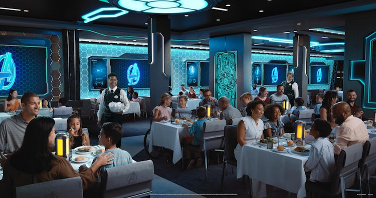 families eating in glowy, futuristic room