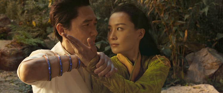 Tony Leung as Xu Wenwu and  Meng'er Zhang as Xu Xialing in the movie Shang-Chi
