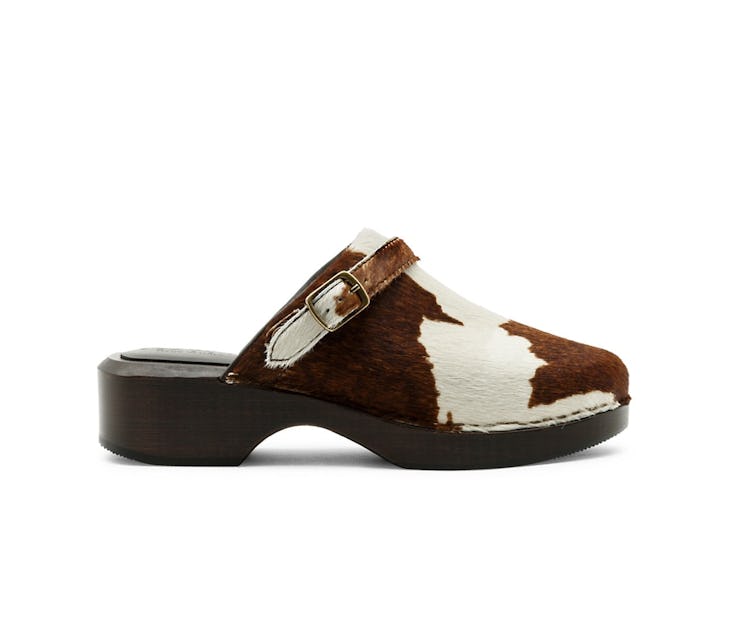 cow print calf hair and leather clogs