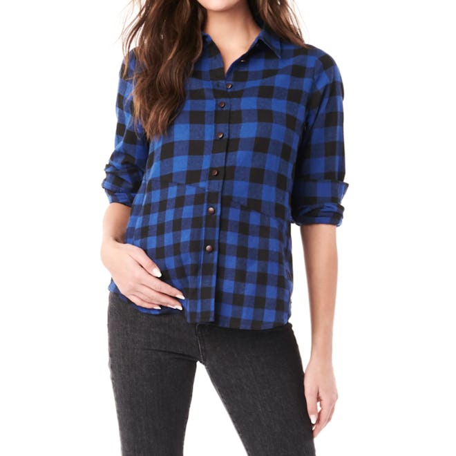 buffalo checkered blue and white button up shirt for maternity and nursing parents