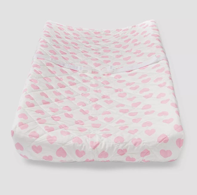 Baby changing pad cover; white with light pink hearts