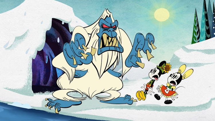 a Yeti monster scaring Mickey and Minnie Mouse on Swiss Meltdown