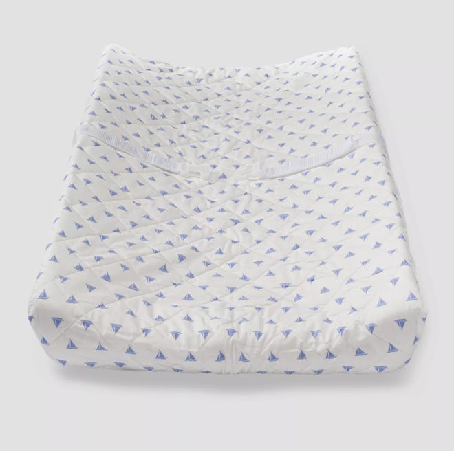 Baby changing pad cover; white with light blue sailboats