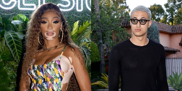 A two-part collage of Winnie Harlow in a multi-colored sequin dress and Kyle Kuzma in a black shirt