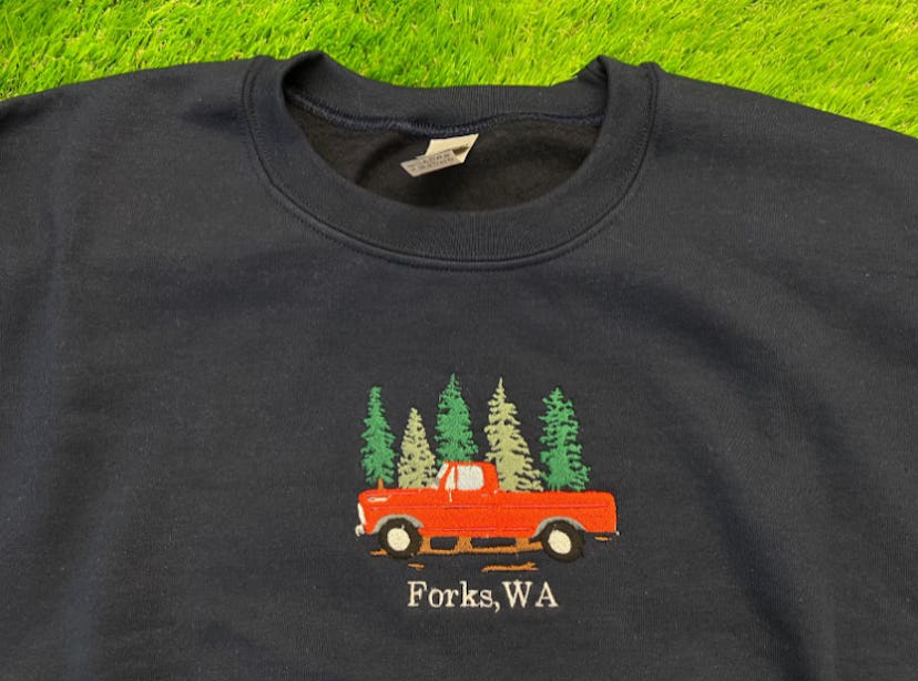 Forks Washington Red Truck Crewneck Embroidery