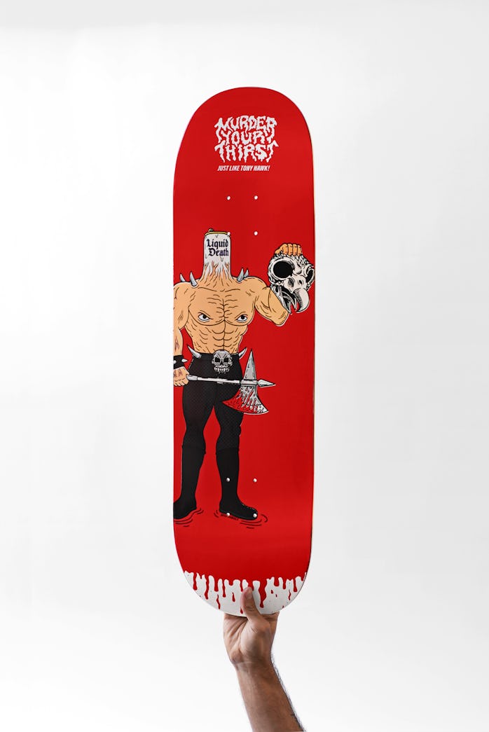 Liquid Death x Tony Hawk blood-infused skateboard