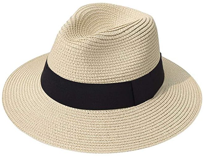 Lanzom Wide Brim Straw Panama Roll up Hat 