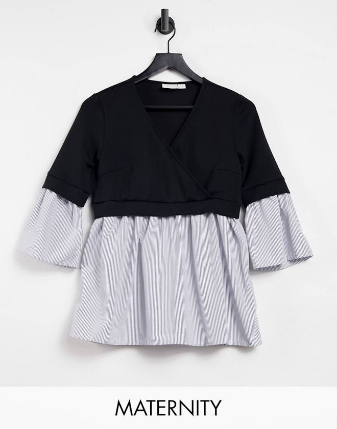 ASOS nursing and maternity shirt that looks like a button up with a sweater shrug over it