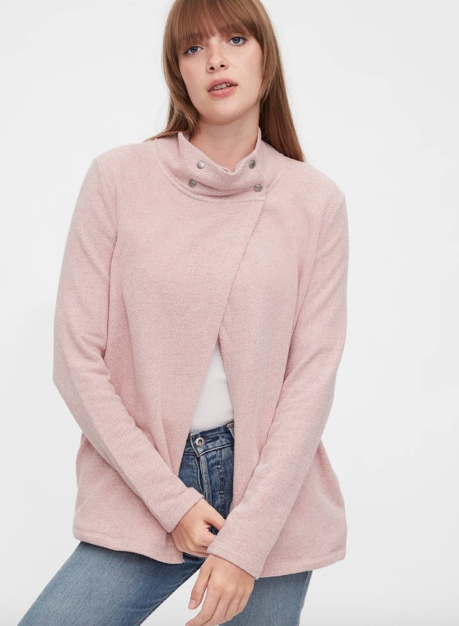 pink nursing sweatshirt from Gap with slit up the front and snaps on neck
