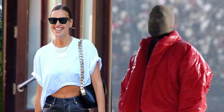 A two-part collage of Irina Shayk in a white top and black pants and Kanye West in a red puffer jack...