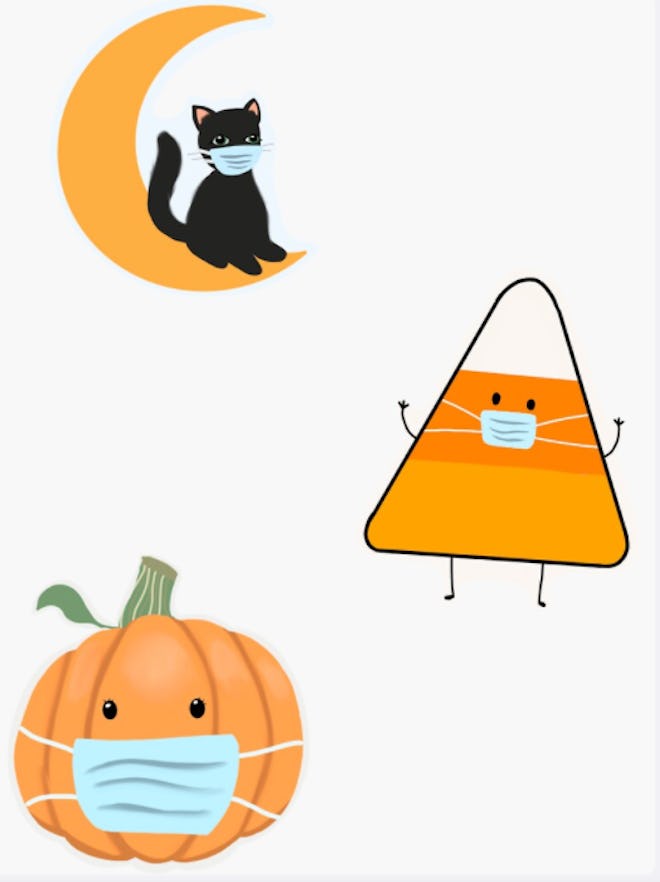three halloween stickers, a pumpkin, a candy corn, and a black cat on a moon- all wearing blue face ...