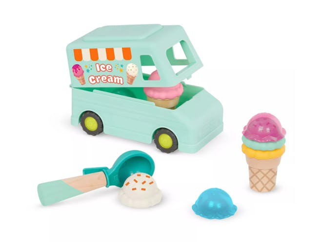 Toy ice cream truck, toy ice cream, scoop, and cones