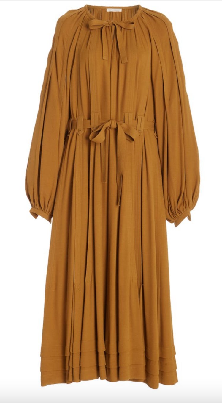 Ulla Johnson's caramel colored belted chiffon midi dress. 