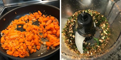 Chopped carrots cooking in a skillet and mixed herbs in a food processor 