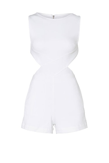 White denim Aspro  crossbody romper from 3x1, available to shop or rent via Rent The Runway.