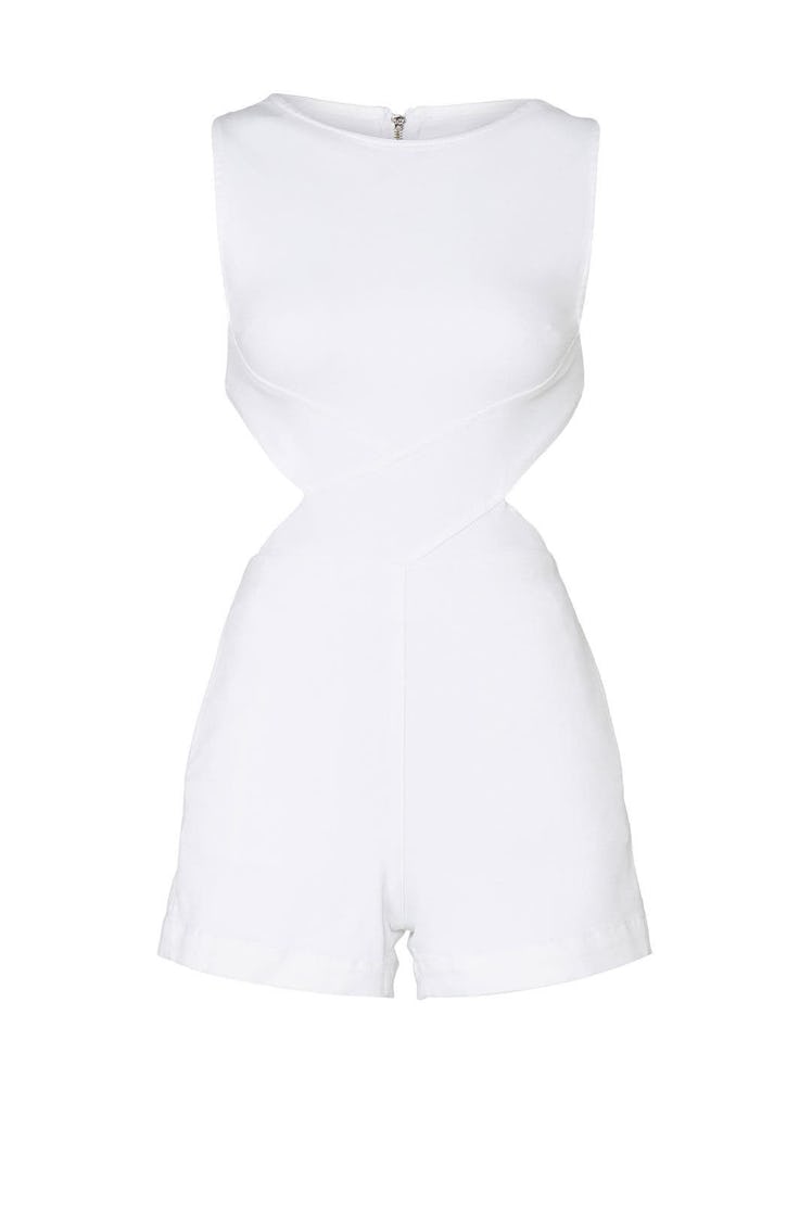 White denim Aspro  crossbody romper from 3x1, available to shop or rent via Rent The Runway.