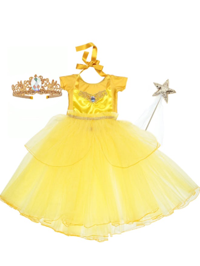 Flat-lay of a yellow dress, crown, and wand; Belle costume