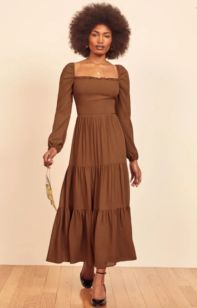 Reformation's Kellie Dress in cinnamon.