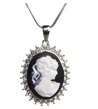 Silvertone Black and White Cameo Lady Necklace