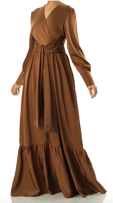 Kabayare's brown satin long sleeve maxi dress. 