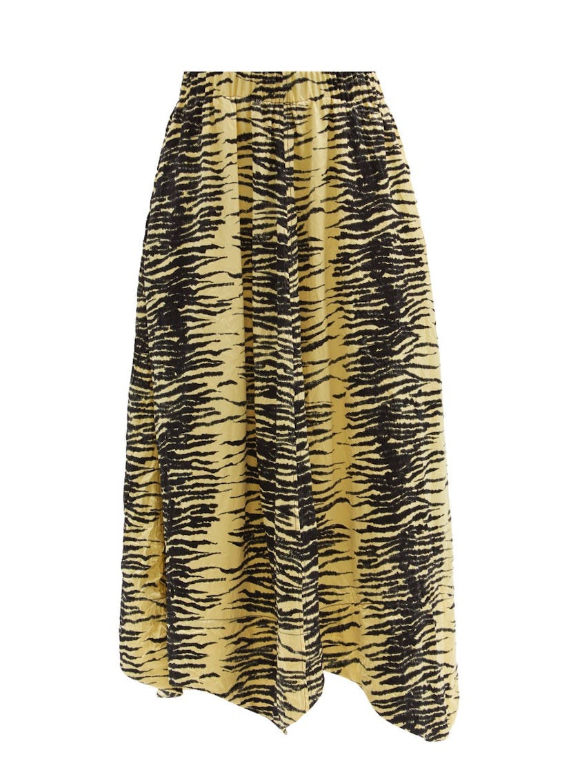 Elasticated-waist zebra-print satin midi skirt