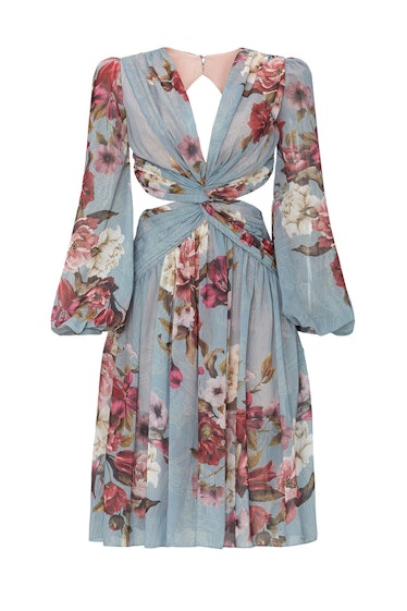 Peony print blue cutout dress from PatBO, available to shop or rent via Rent The Runway.