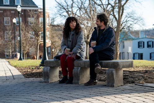 Ji-Yoon (Sandra Oh) and Bill (Jay Duplass) sitting on a bench on Pembroke University's campus in 'Th...